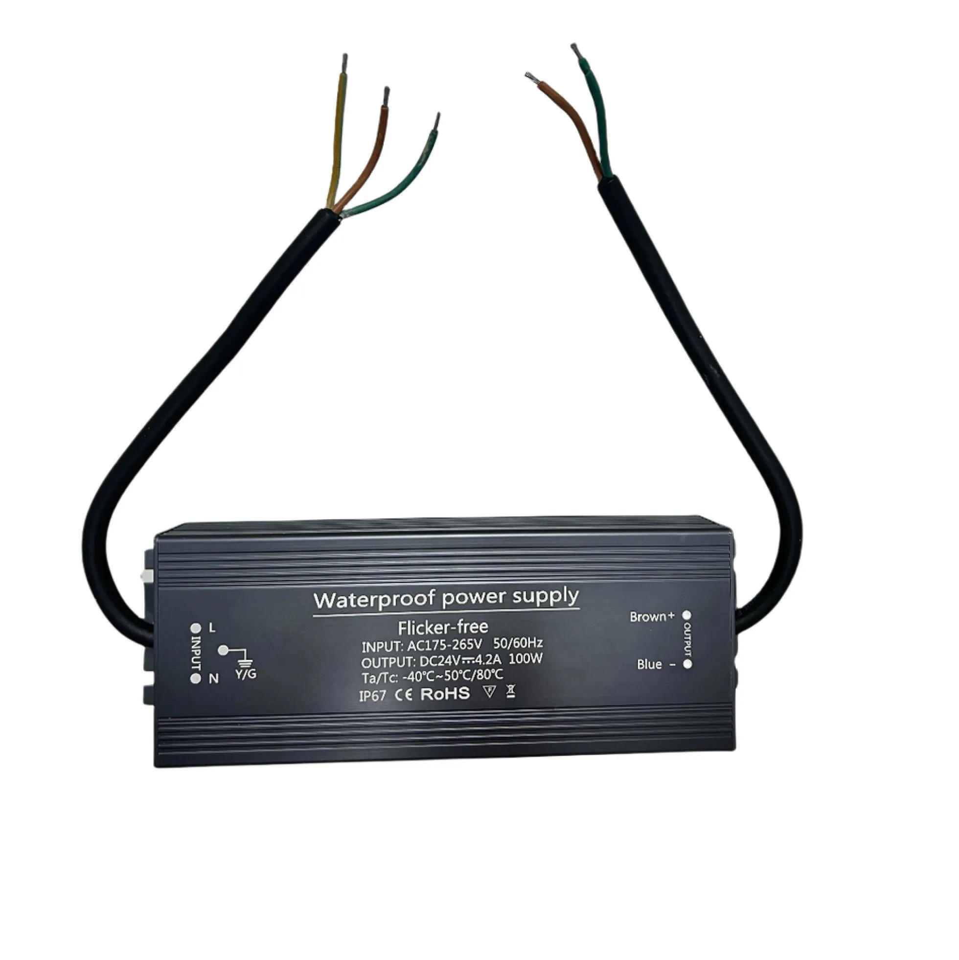 100W, 24V DC strømforsyning, 4.1A, IP67, Flicker free