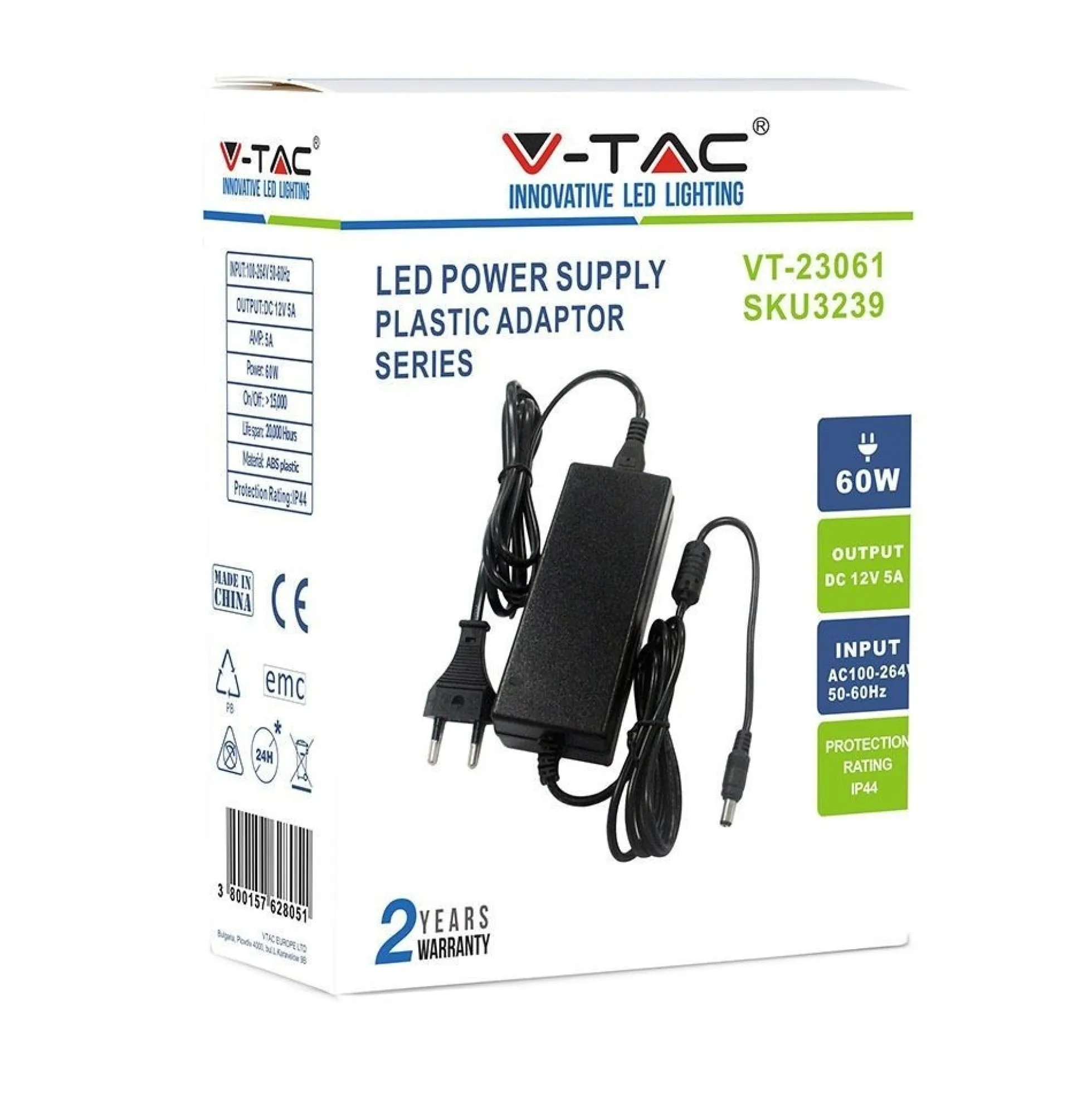 60W / 12V DC strømforsyning til LED strips, 5A, IP44 vådrum