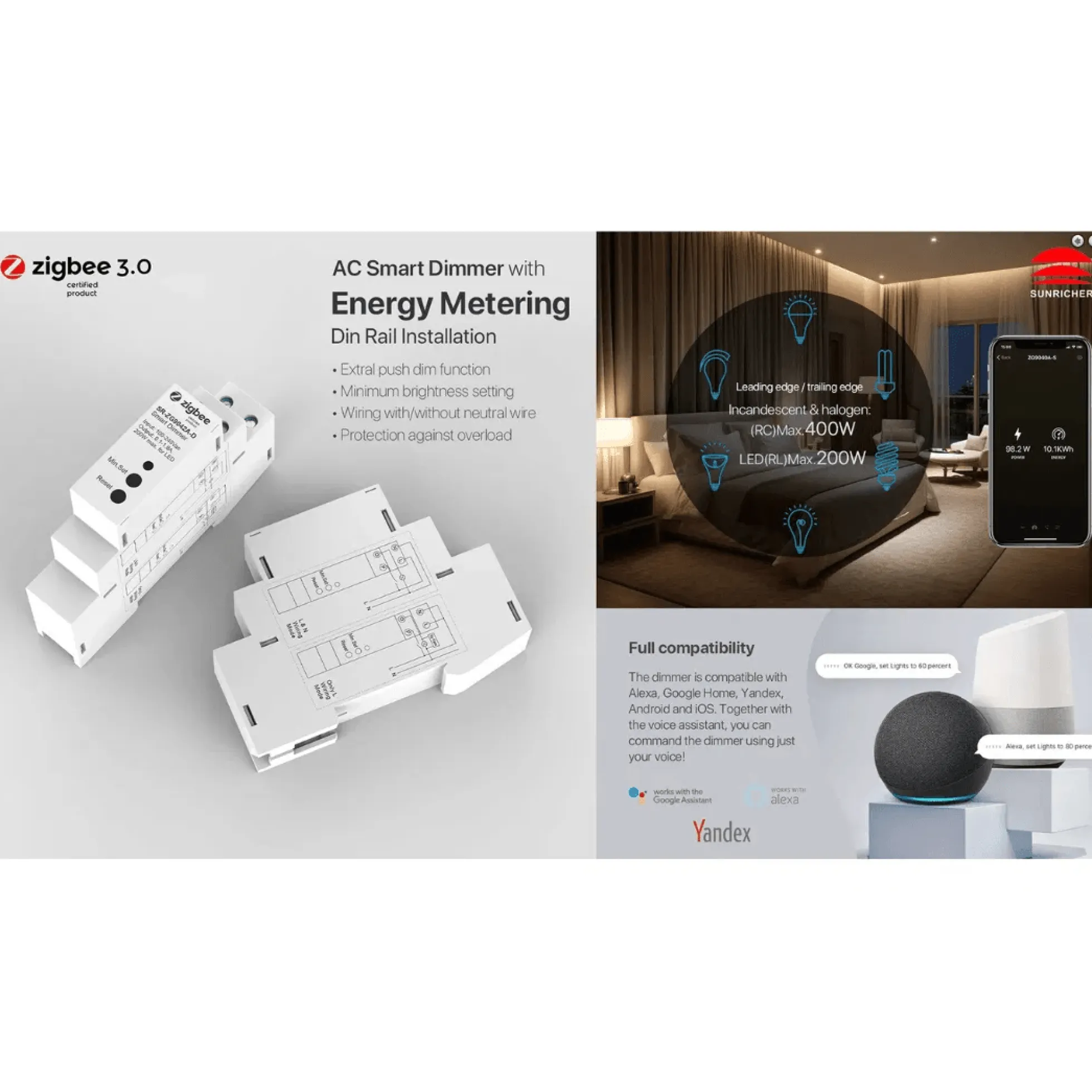 Zigbee Lysdæmper til DIN Skinne, 200W - Envilar